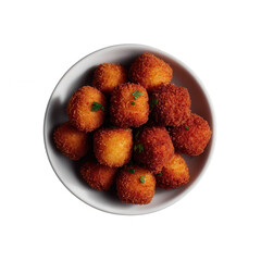 A close-up view of a bowl filled with golden-brown, crispy fried snacks, garnished with fresh herbs, perfect for appetizers or party platters.