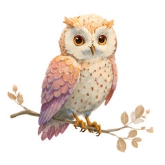 Obraz premium Adorable Owl Illustration: Whimsical Bird Perched on Branch - Cute, Colorful, and Perfect for Children's Designs (Isolated on White)