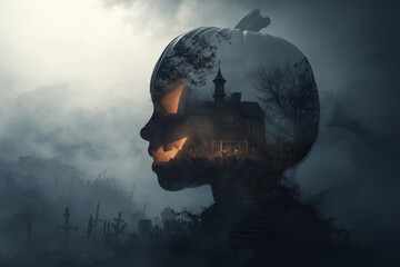 Halloween pumpkin silhouette with spooky house and graveyard scene, eerie dark sky, creepy atmosphere with fog and bare trees.