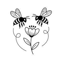Two Bees Pollinating a Flower: Black and White Line Art Illustration