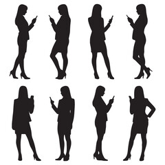 Businesswomen in various poses with smartphones businesswoman. Vector black silhouette. with white background