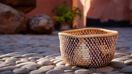Obraz premium Woven basket in a cultural market with natural light and cobblestones