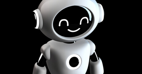 A cute cartoon robot character. The robot is friendly and smiling, a digital AI helper concept.