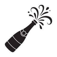 Champagne celebration icons champagne bottle popping cork. Vector black silhouette. with white background