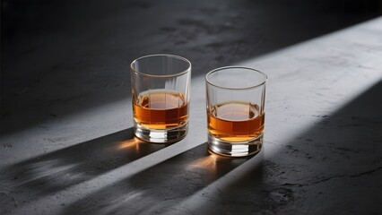Two glasses of amber liquid illuminated by a beam of light on a dark surface