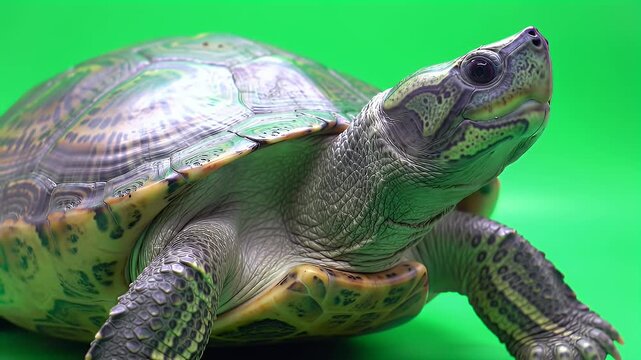 Detailed portrait of a curious freshwater turtle against a bright green backdrop, showcasing its patterned shell