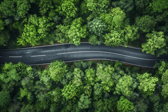 Part of mystery road in the pine forest under the aerial top view. Neural network ai generated
