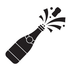 Champagne celebration icons champagne bottle popping cork. Vector black silhouette. with white background