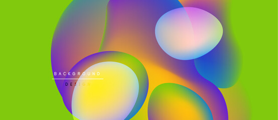 Abstract colorful shapes overlap vibrant green backdrop. Modern design elements create dynamic visual experience. Background features smooth gradients.
