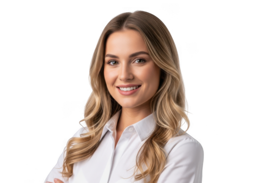 Smiling young woman in white blouse isolated on transparent background
