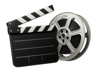 Classic film clapperboard and reel.