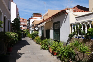 Straße bzw Weg mit Häusern und Park in Puerto de La Cruz auf Teneriffa