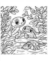 Reptile house coloring book illustration, showing a friendly snake, a cute turtle, and a small crocodile resting on a rock, with jungle plants and a little pond, easy to color, 