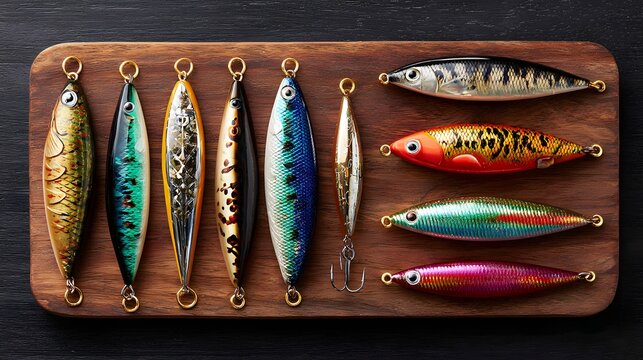 Variety of Colorful Fishing Lures Displayed on a Wooden Board with Glossy Finishes