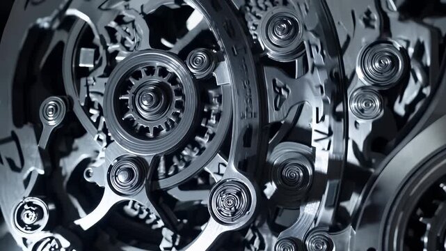 Rotating gearwheel pinion cog system. Transmission shows axle shaft, bearing working. Bevel gear drives gear gearwheel and pinion together. Sprocket spins for smooth transmission. Metal gear design.