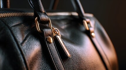 Closeup View of a Shiny Black Leather Handbag with Gold Accents and Detailed Craftsmanship