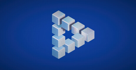 Optical illusion of the Penrose triangle in a modern graphic style, composed of a set of cubes. The overall design evokes a sense of mystery and intellectual curiosity