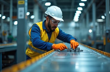 Industrial worker in hard hat, safety glasses assembles metal parts on conveyor belt. Man in high-visibility vest, gloves works on production line in factory. Focus on manufacturing, engineering,