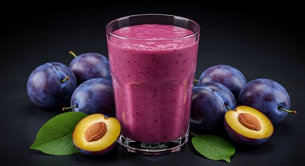 Plum Smoothie in Glass with Purple Plums and Green Leaves on Dark Surface