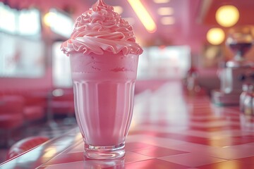 Whipped cream strawberry milkshake in diner high resolution picture