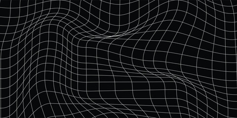 Futuristic perspective grid box. Abstract wireframe with white grid line on black background.