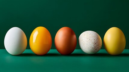 Colorful Decorative Eggs in a Row Displayed Against a Green Background for Festive Occasion