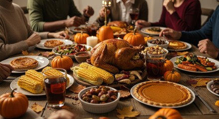 Naklejka premium Thanksgiving dinner table with roasted turkey, pumpkin pie, and various side dishes