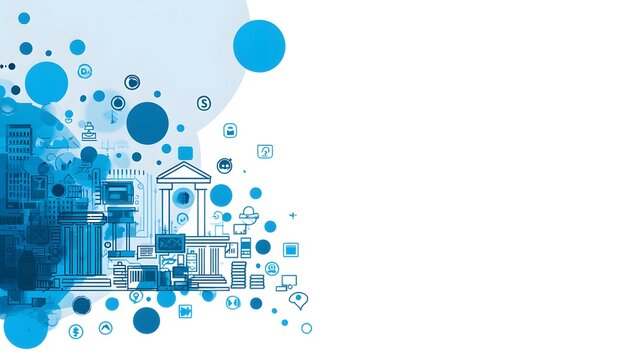 Conceptual illustration of financial technology and digital banking with a network of business and communication icons on a white background