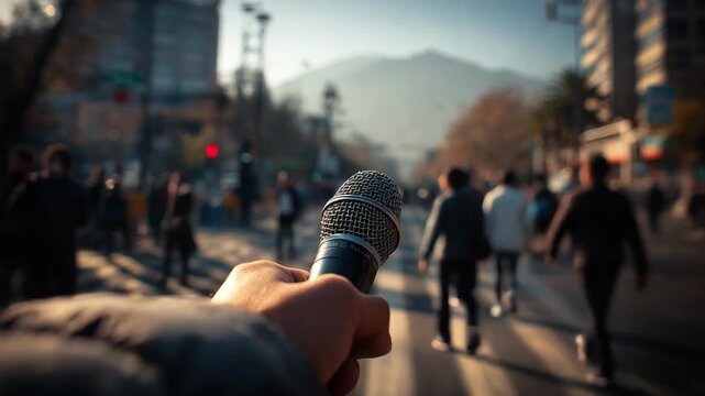 Microphone on City Street: A hand firmly grips a microphone, leading the viewer into a street scene teeming with people walking under a bright sky and mountains in background. Capturing the moment.