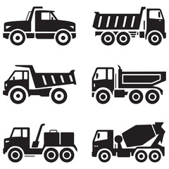 Collection of six black truck silhouettes including dump truck flatbed and cement mixer vector. Vector black silhouette. with white background