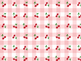 Pink plaid  with cherries gingham checkered seamless pattern 
