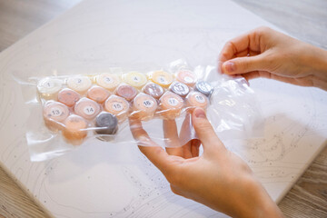 A set of small, numbered acrylic paint pots for a paint-by-numbers kit, sealed in plastic and resting on top of the corresponding canvas with its numbered outlines.