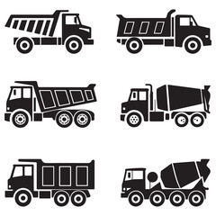 Collection of six black truck silhouettes including dump truck flatbed and cement mixer vector. Vector black silhouette. with white background