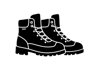 A pair of black hiking boots with white laces and lug soles on a white background in a vector graphic