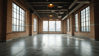 Sunlight streams through factory windows, illuminating exposed brick and a polished floor in a vast, adaptable industrial space