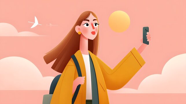 Young Woman Taking Selfie During Bright Sunset with Orange Sky and Clouds