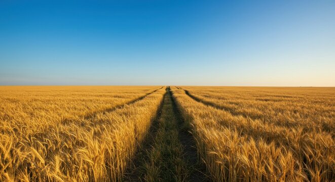 Golden wheat field with tire tracks stretching into horizon under a clear blue sky