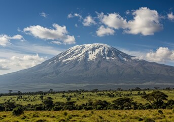 Fototapeta premium Breathtaking landscape view of Mount Kilimanjaro, Africa’s highest peak, surrounded by vast plains and dramatic skies in Tanzania.