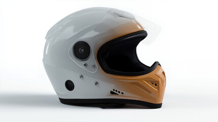 White And Orange Motorcycle Helmet With Open Visor On White Background