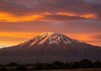 Fototapeta premium Breathtaking landscape view of Mount Kilimanjaro, Africa’s highest peak, surrounded by vast plains and dramatic skies in Tanzania.