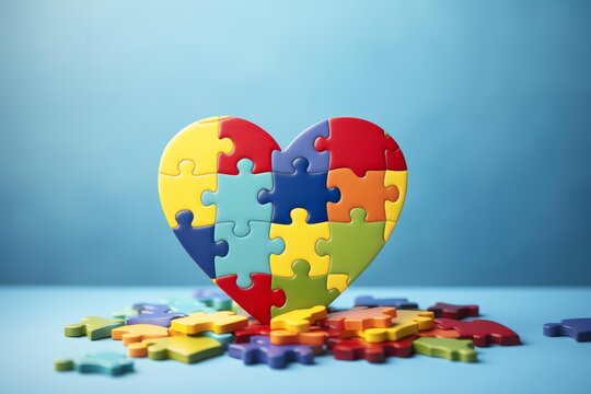 Vibrant heart shaped puzzle stands assembled amidst a scattering of colorful puzzle pieces, symbolizing love, unity, and togetherness