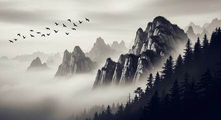 Monochrome mountain landscape with flock of birds flying