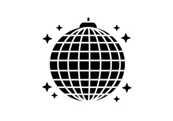 A black and white illustration of a disco ball with stars surrounding it on a white background