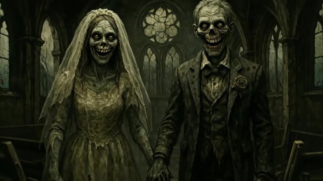 Macabre Zombie Wedding: Undead Bride and Groom in Eerie Gothic Church