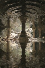 Naklejka premium Sunken Temple Ruins: Columns Reflected in Water, Ethereal Light