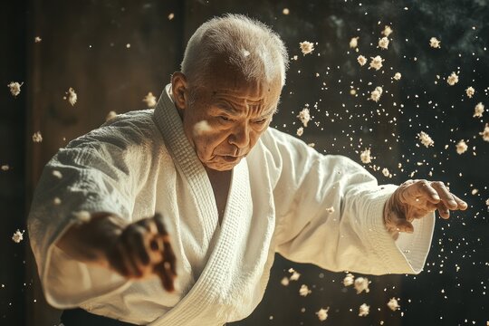 Elderly karate master battling viruses in mystic fog. Neural network AI generated