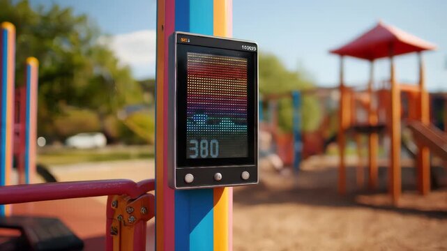 A digital display showing a rainbow spectrum and number 380 is mounted on a colorful playground post. 