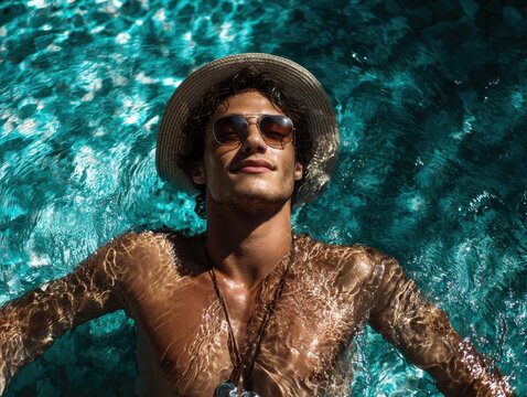 Young man relaxing in resort swimming pool
