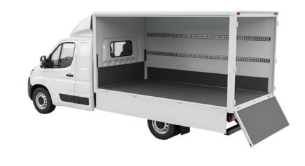 Empty white box truck with open rear doors and ramp ready for cargo loading and transport business logistics services