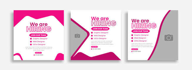 We are hiring job vacancy social media post banner design template. We are hiring job vacancy square web banner design.